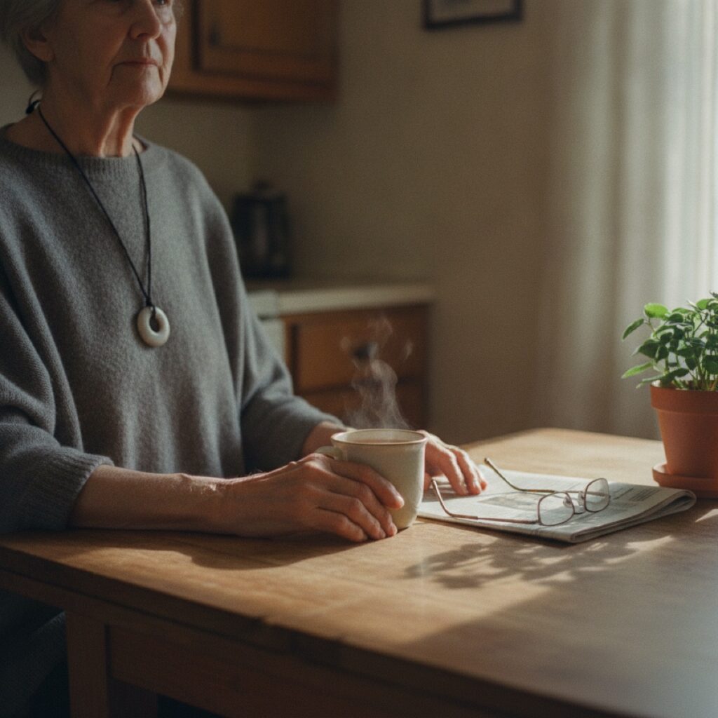 An older woman sitting at her kitchen table with a cup of tea, wearing a medical alert pendant on a cord