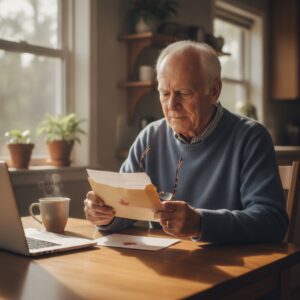 Senior man opening a government letter about his OAS payment at a kitchen table