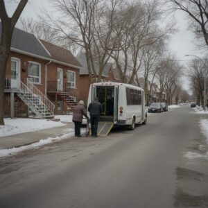 An accessible minibus with its ramp down on a Montreal street, a driver helping an older woman with a walker