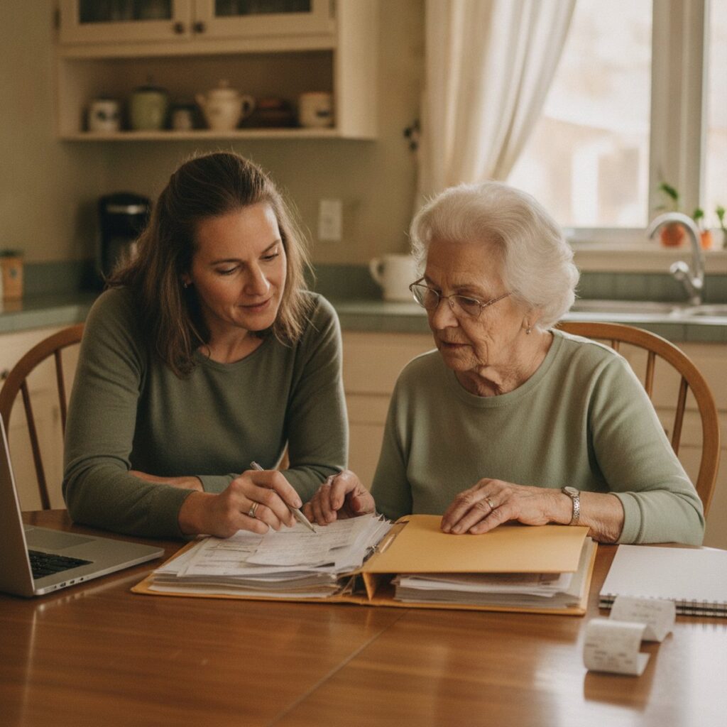 Adult daughter helping her elderly mother sort receipts to claim the Canada caregiver credit