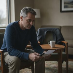 Adult son applying for EI caregiving benefits while sitting in a hospital family room