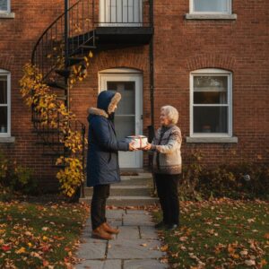 Volunteer handing a hot meal container to an elderly woman at her door in Quebec