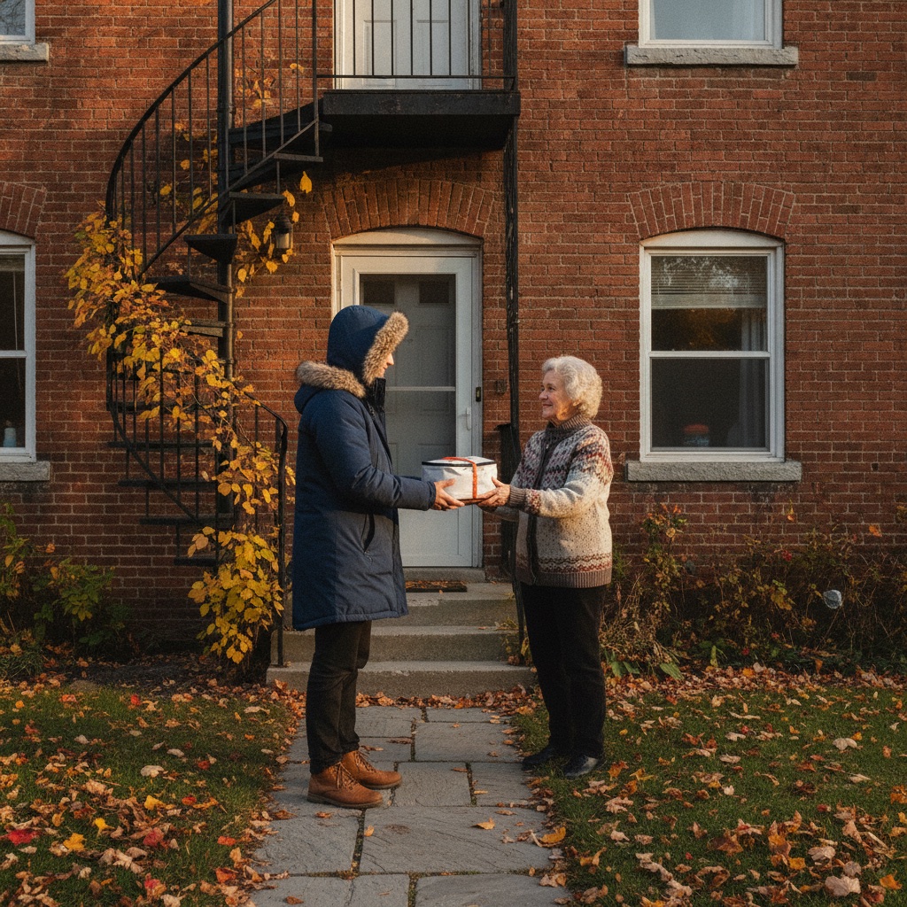 Volunteer handing a hot meal container to an elderly woman at her door in Quebec